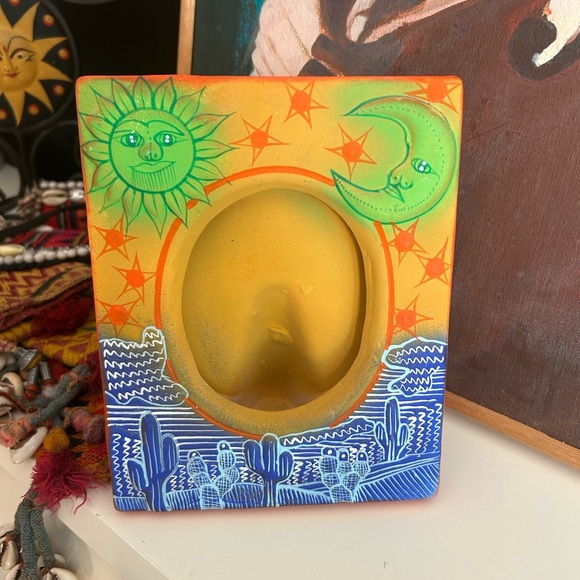 Vtg Mexican Folk Art Pottery Picture Frame Sun Moon Celestial Face Green Blue - Picture 1 of 16